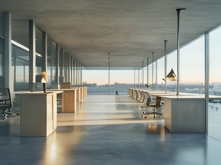 Tichý moderní open-space — světlé dubové stoly a betonová podlaha v ranním světle.